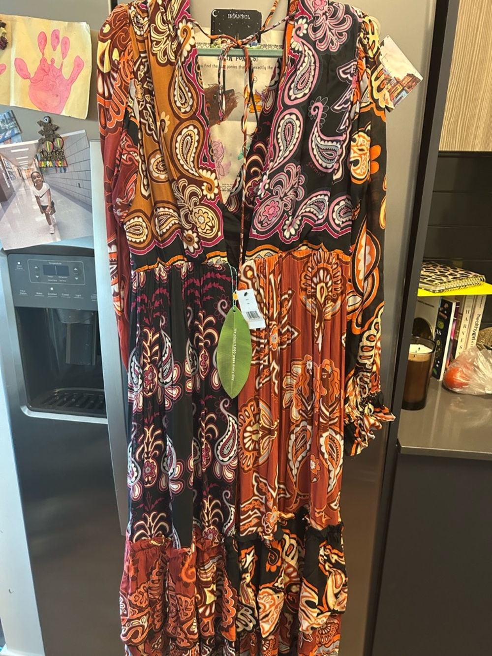 FARM Rio Black, Orange, Pink & Brown Paisley Long-Sleeve Maxi Dress